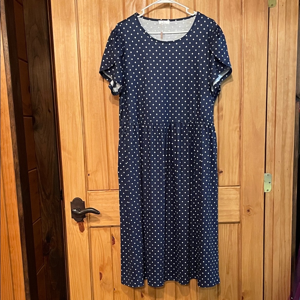 NWT HOT TOUCH NAVY BLUE /WHITE POLKA DOTS DRESS Sz XL